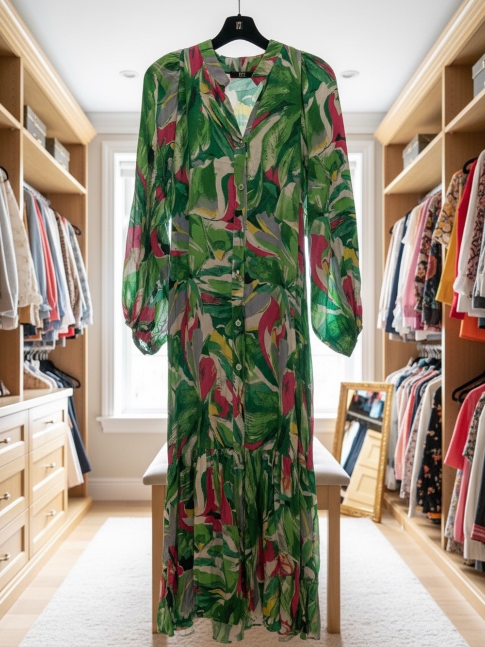 Tropical Print Button-Front Maxi Dress NWOT